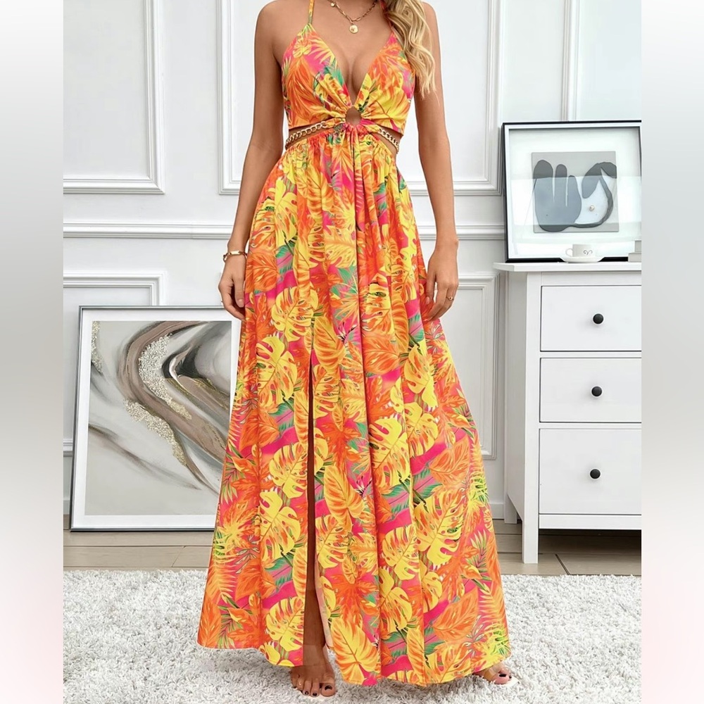 Tropical chain decor split thigh Maxi dress size L